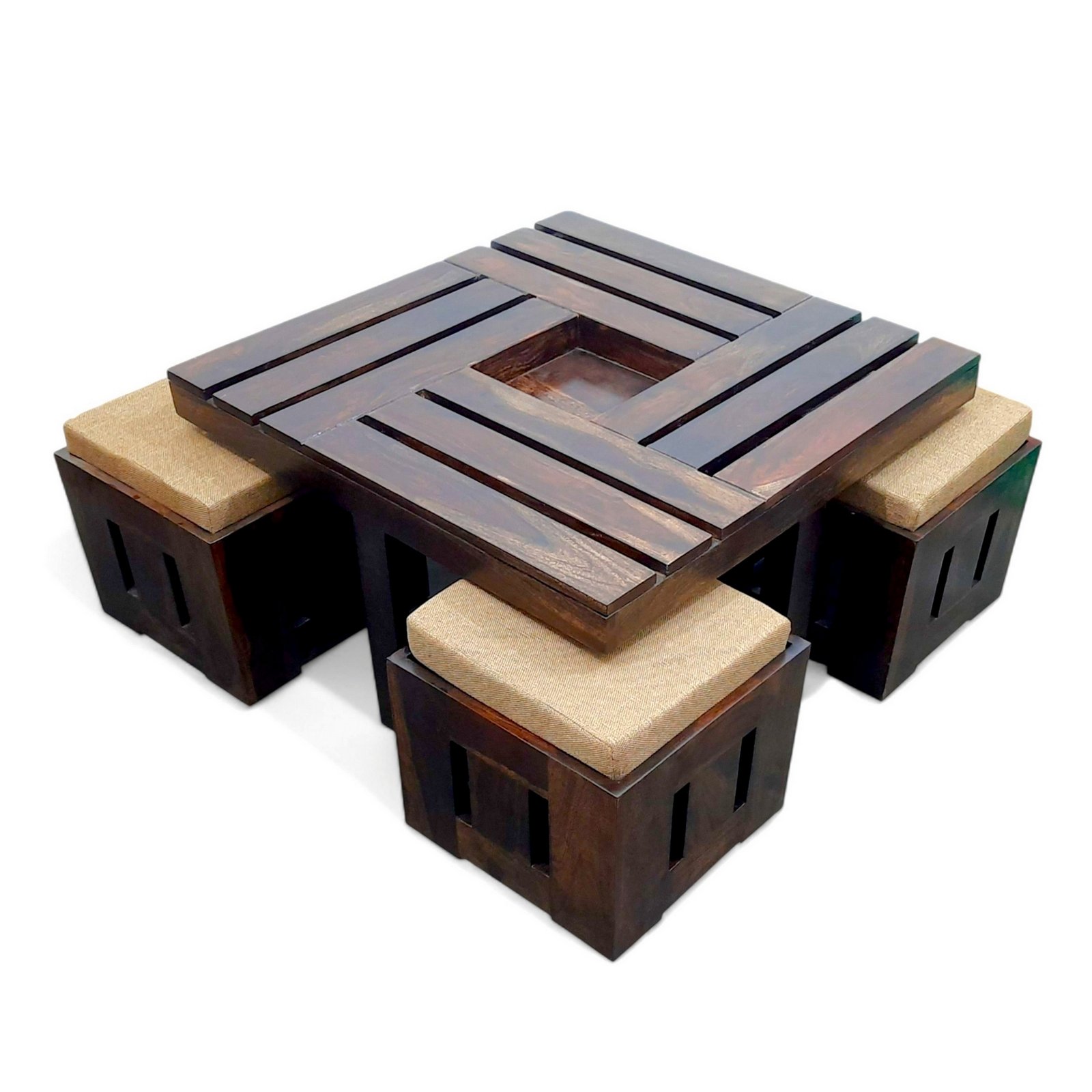 Ikiriya Palladio Sheesham Wood Accent Coffee Table Set with 4 Stools in Provisional Teak Finish with Jute Beige Cushions - Image 12