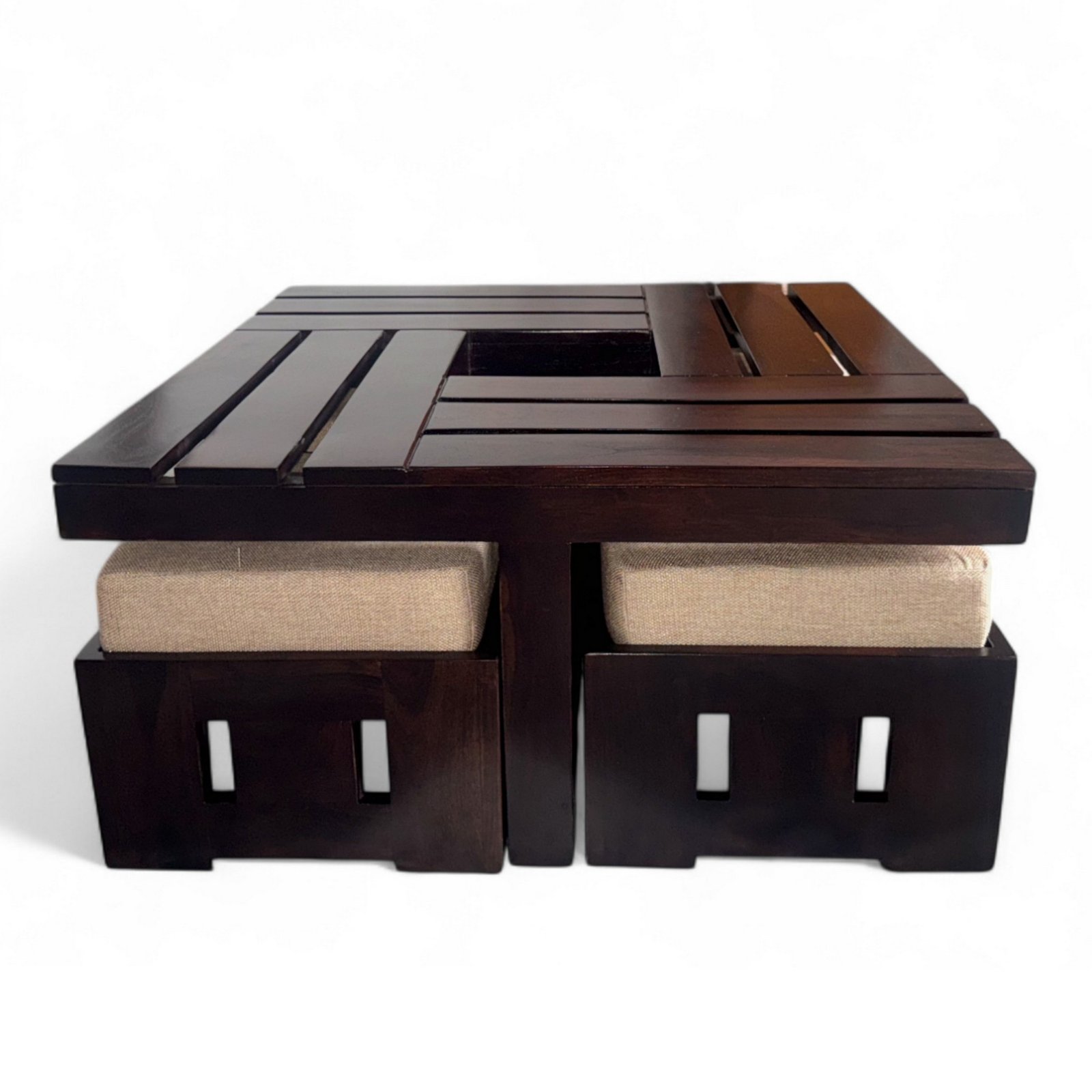 Ikiriya Palladio Sheesham Wood Accent Coffee Table Set with 4 Stools in Provisional Teak Finish with Jute Beige Cushions - Image 14