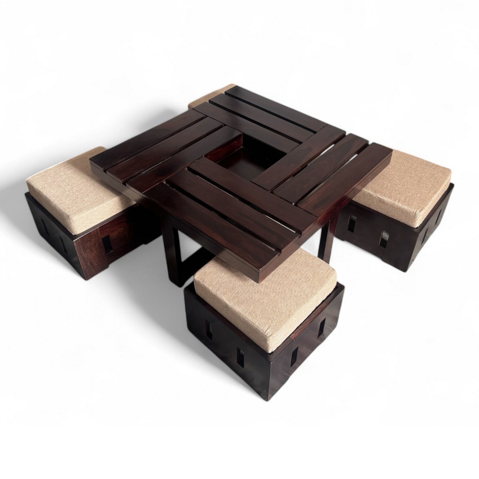 Ikiriya Palladio Sheesham Wood Accent Coffee Table Set with 4 Stools in Provisional Teak Finish with Jute Beige Cushions - Image 16
