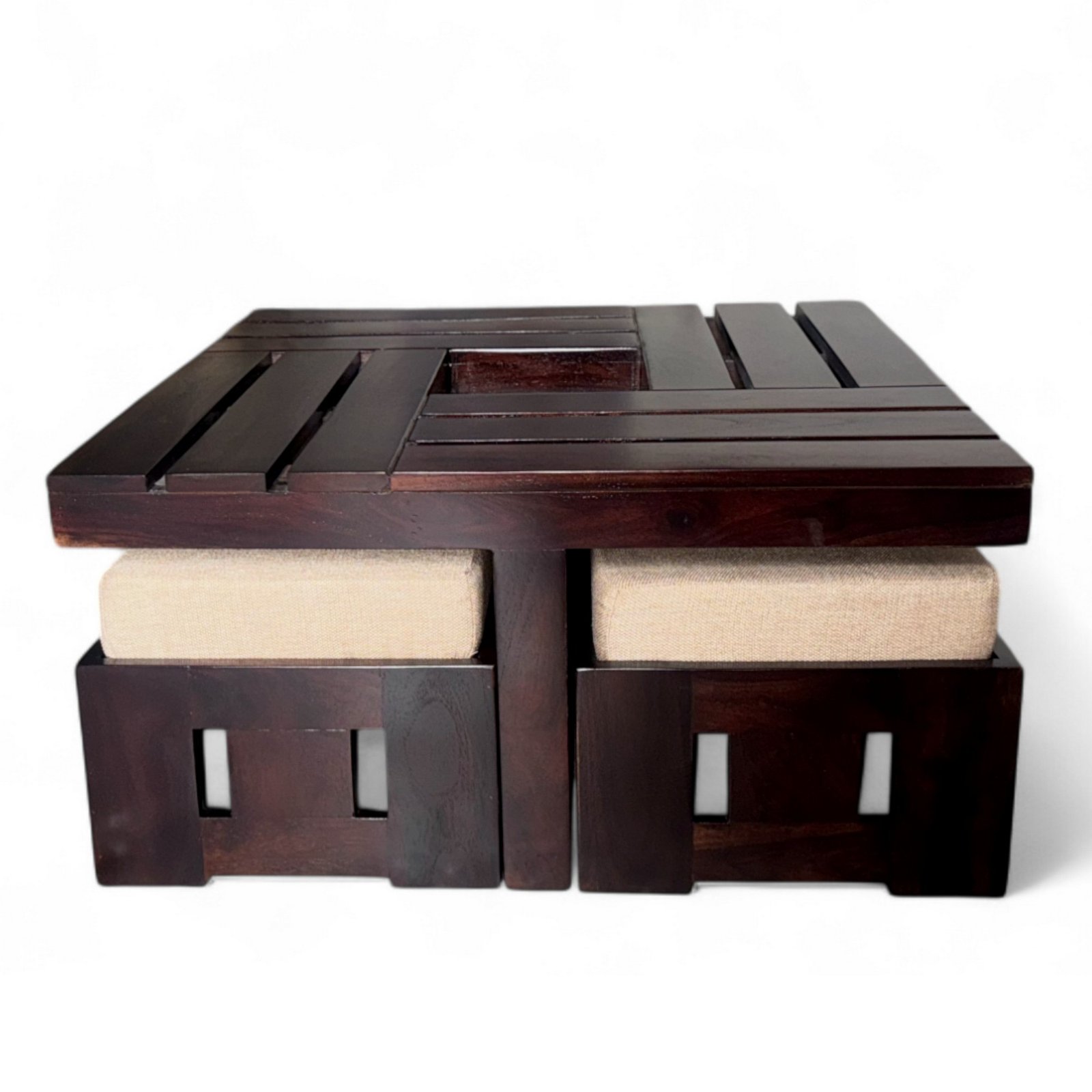 Ikiriya Palladio Sheesham Wood Accent Coffee Table Set with 4 Stools in Provisional Teak Finish with Jute Beige Cushions - Image 18