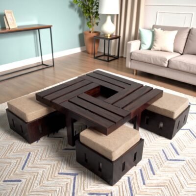 Ikiriya Palladio Sheesham Wood Accent Coffee Table Set with 4 Stools in Provisional Teak Finish with Jute Beige Cushions