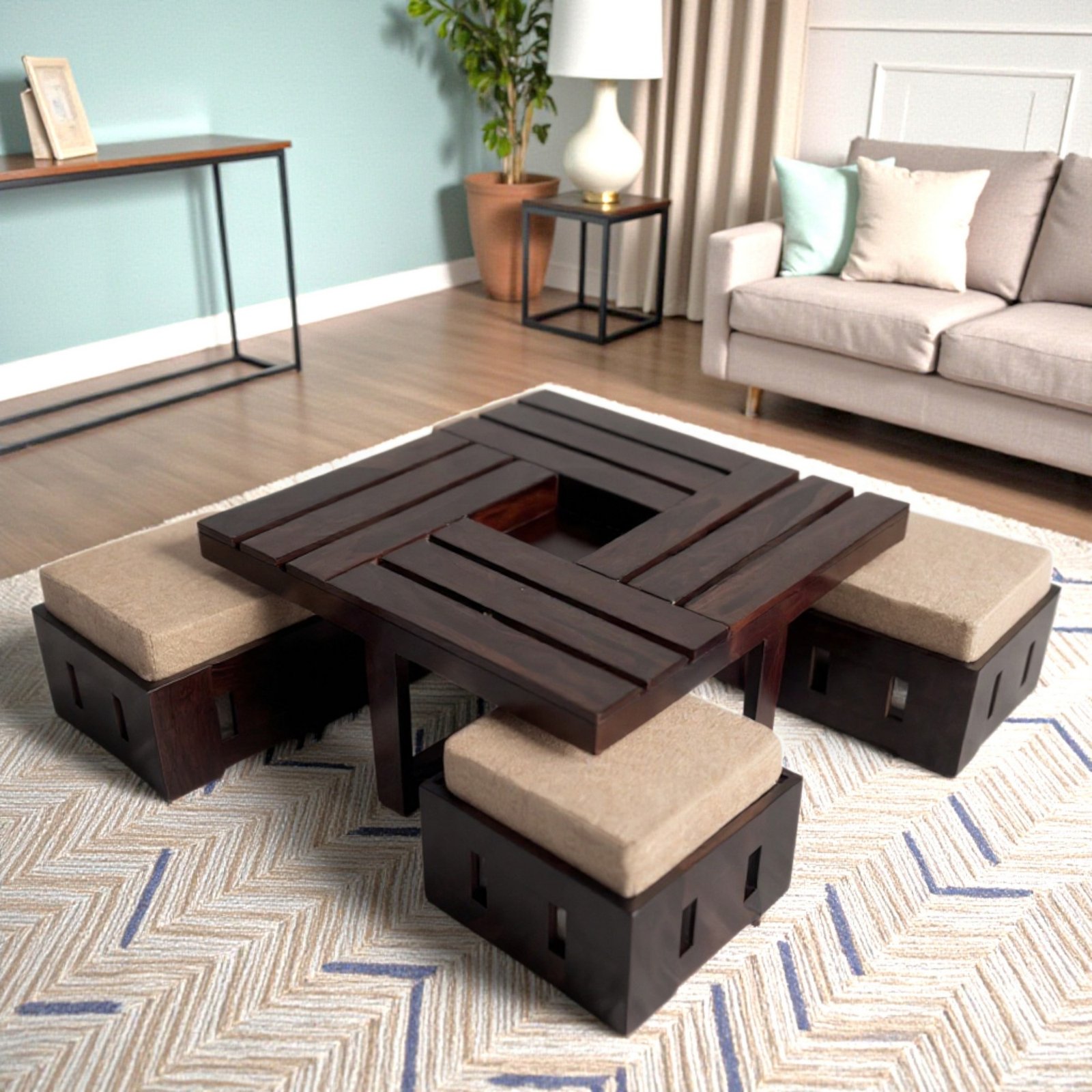 Ikiriya Palladio Sheesham Wood Accent Coffee Table Set with 4 Stools in Provisional Teak Finish with Jute Beige Cushions