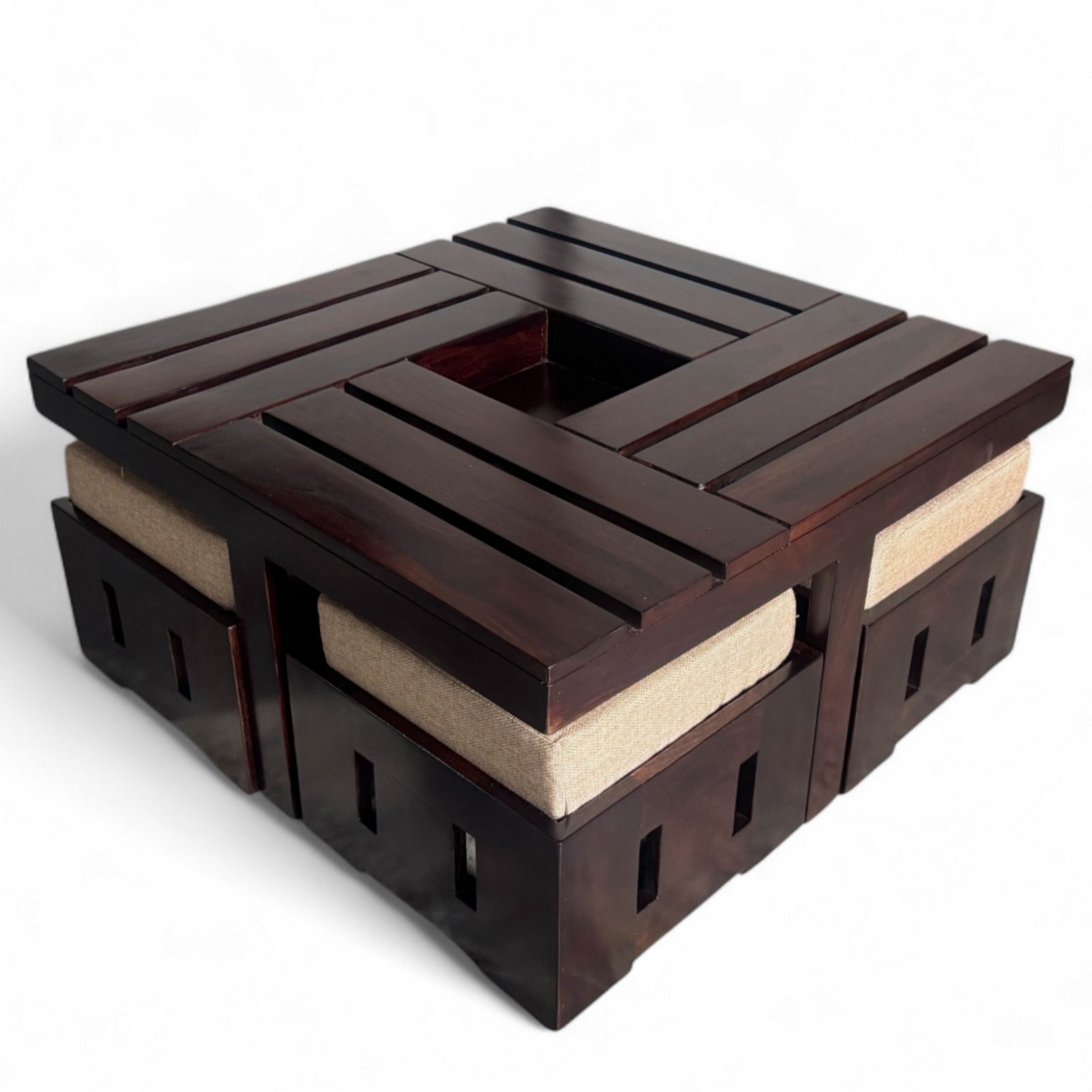 Ikiriya Palladio Sheesham Wood Accent Coffee Table Set with 4 Stools in Provisional Teak Finish with Jute Beige Cushions - Image 9