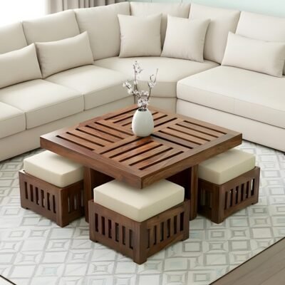 Ikiriya Palladio Sheesham Wood Accent Coffee Table Set with 4 Stools in Natural Teak Finish with Jute White Cushions
