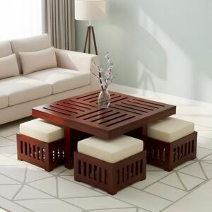 Ikiriya Palladio Sheesham Wood Accent Coffee Table Set with 4 Stools in Honey Finish with Jute White Cushions