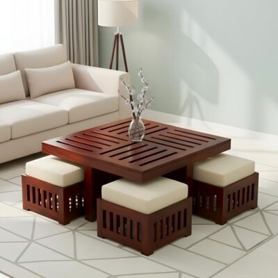 Ikiriya Palladio Sheesham Wood Accent Coffee Table Set with 4 Stools in Honey Finish with Jute White Cushions