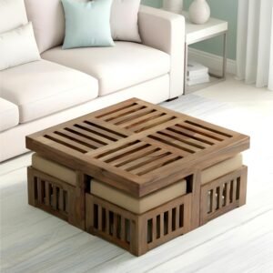 Ikiriya Palladio Sheesham Wood Accent Coffee Table Set with 4 Stools in Teak Finish with Jute Beige Cushions