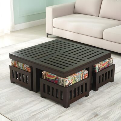 Ikiriya Palladio Sheesham Wood Bohemian Coffee Table Set with 4 Stools in Dark Mahagony Finish with Israel Print Patchwork Kantha Cushions