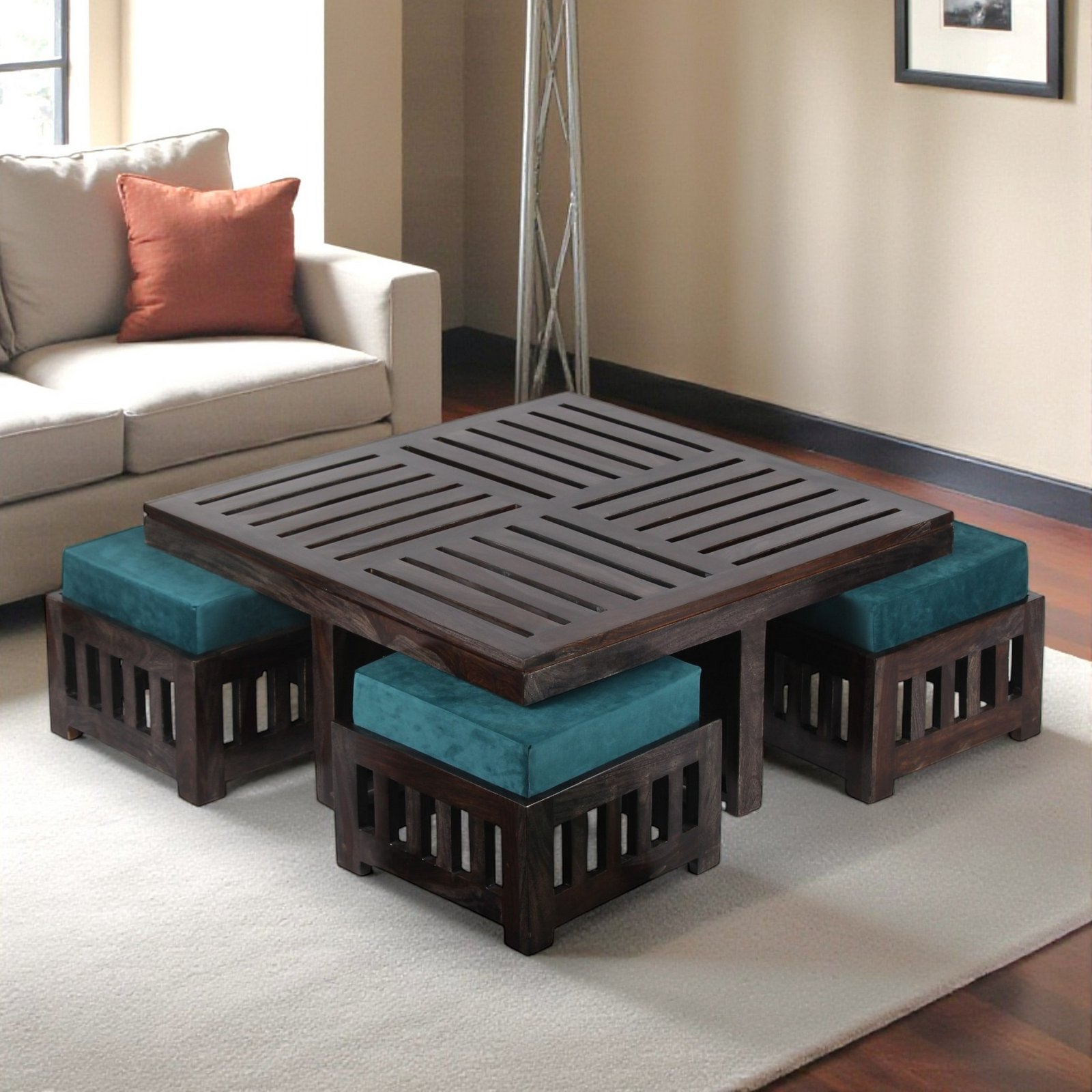 Ikiriya Palladio Sheesham Wood Accent Coffee Table Set with 4 Stools in Dark Mahagony Finish with Turquoise Sea Velvet Cushions - Image 14