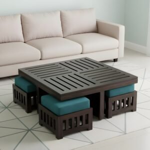 Ikiriya Palladio Sheesham Wood Accent Coffee Table Set with 4 Stools in Dark Mahagony Finish with Turquoise Sea Velvet Cushions