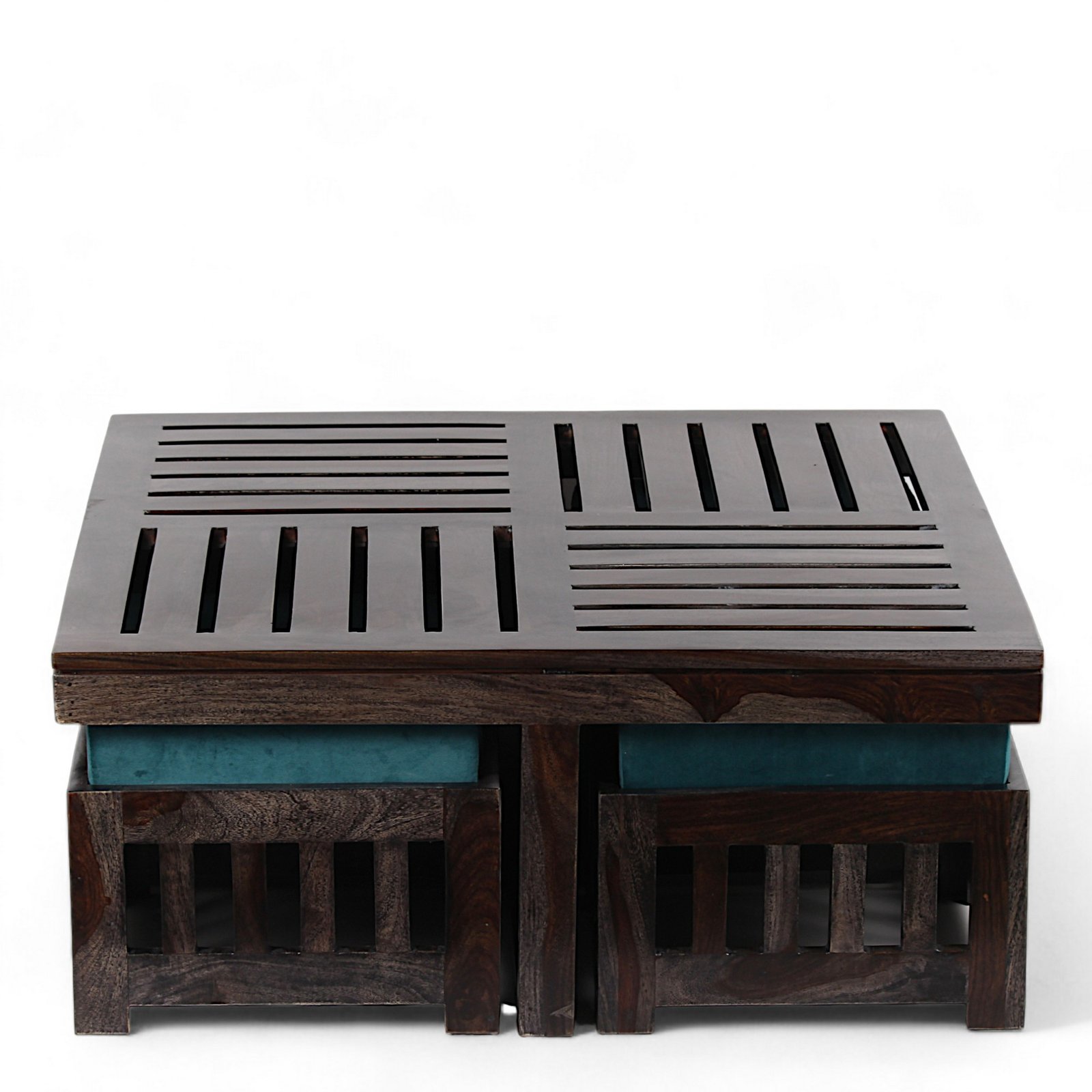 Ikiriya Palladio Sheesham Wood Accent Coffee Table Set with 4 Stools in Dark Mahagony Finish with Turquoise Sea Velvet Cushions - Image 2