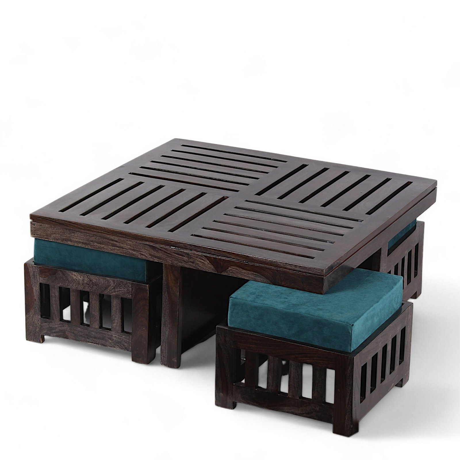 Ikiriya Palladio Sheesham Wood Accent Coffee Table Set with 4 Stools in Dark Mahagony Finish with Turquoise Sea Velvet Cushions - Image 3