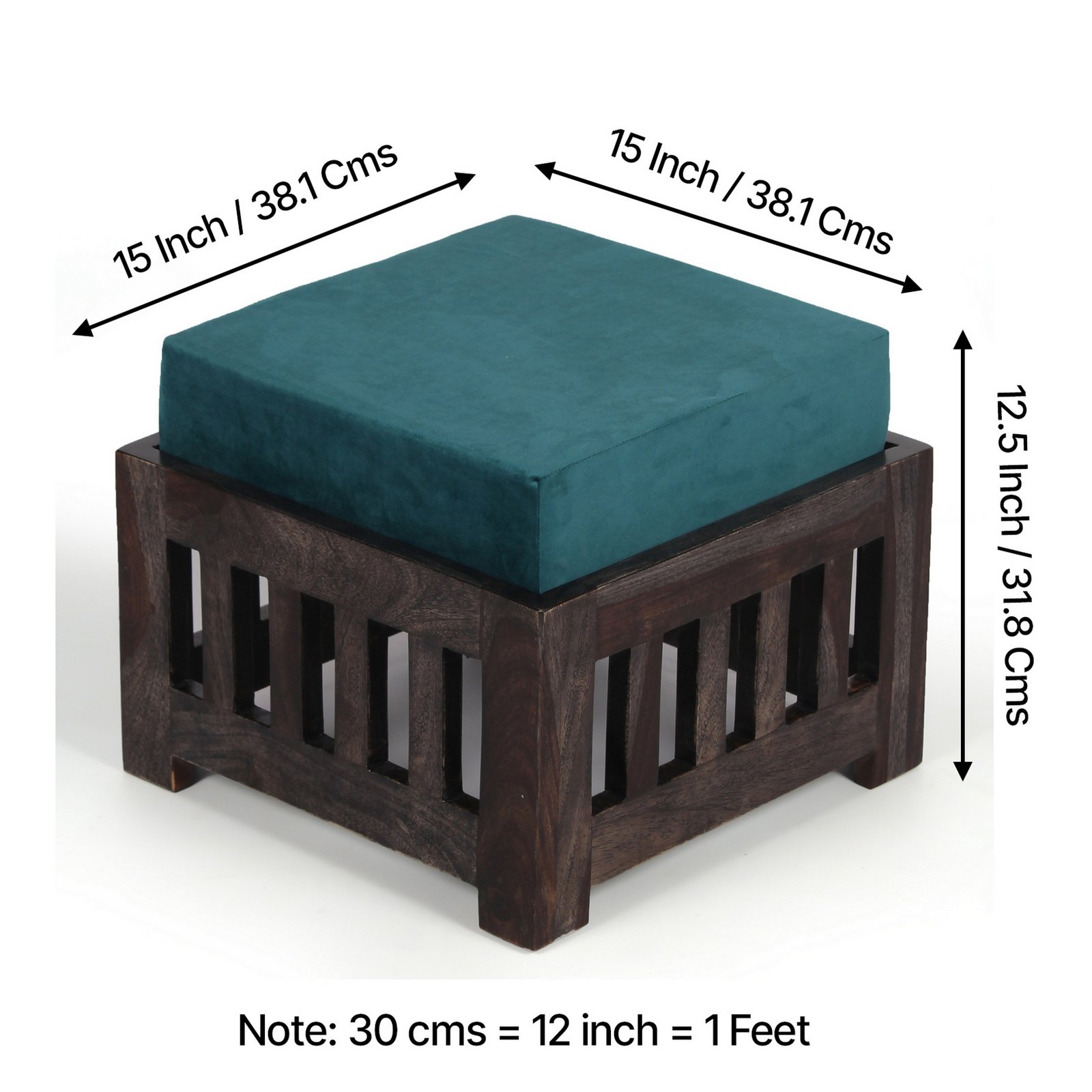 Ikiriya Palladio Sheesham Wood Accent Coffee Table Set with 4 Stools in Dark Mahagony Finish with Turquoise Sea Velvet Cushions - Image 5