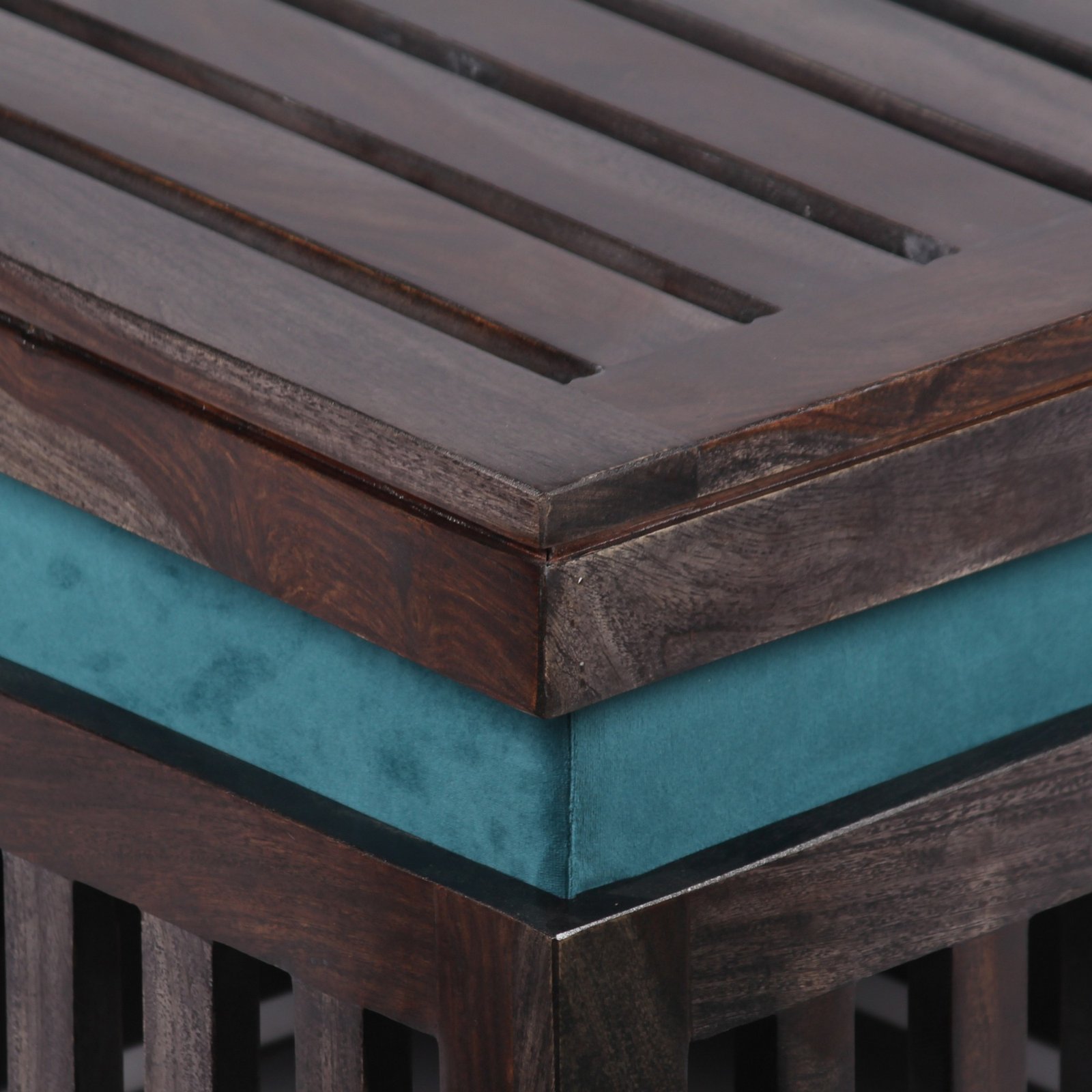 Ikiriya Palladio Sheesham Wood Accent Coffee Table Set with 4 Stools in Dark Mahagony Finish with Turquoise Sea Velvet Cushions - Image 8