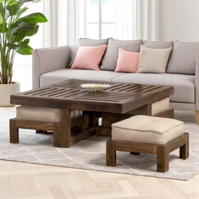 Ikiriya Palladio Sheesham Wood Accent Coffee Table Set with 4 Stools in Provisional Teak Finish with Beige Velvet Cushions