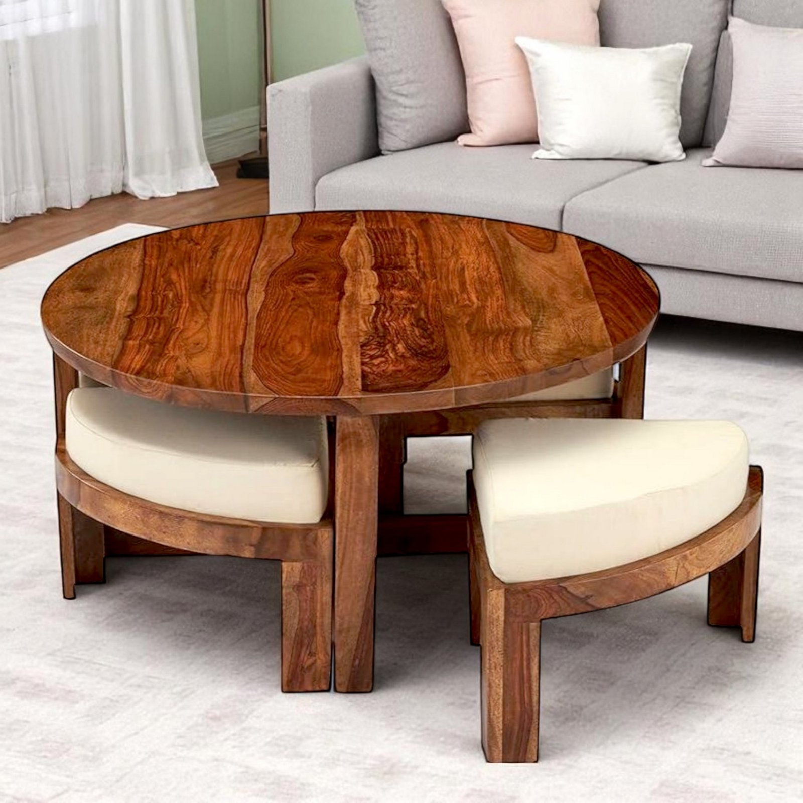 Ikiriya Nashville Sheesham Wood Accent Coffee Table Set with 4 Stools in Natural Teak Finish with Jute White Cushions
