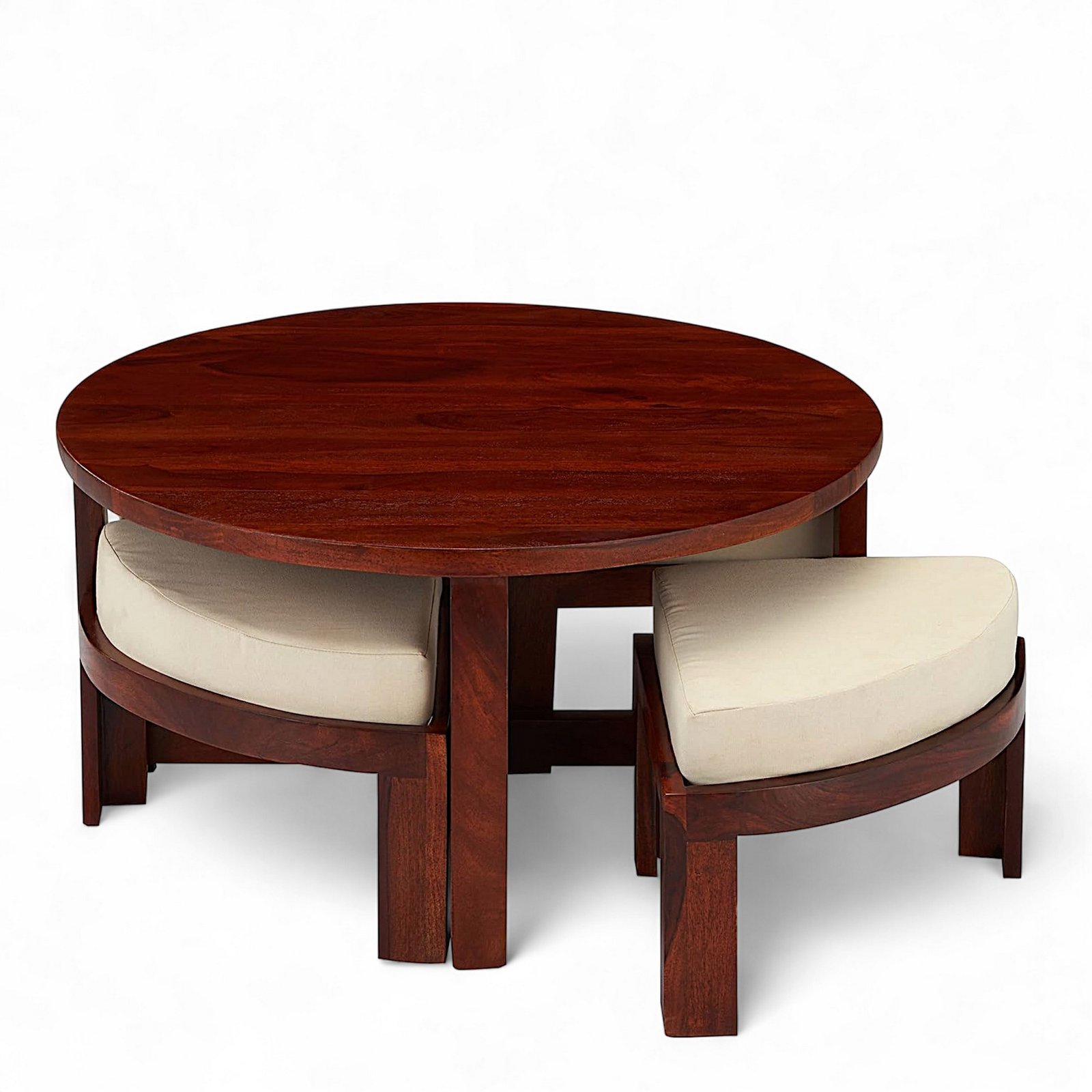 Ikiriya Nashville Sheesham Wood Accent Coffee Table Set with 4 Stools in Honey Finish with Jute White Cushions - Image 10