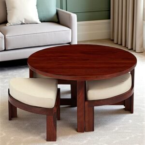 Ikiriya Nashville Sheesham Wood Accent Coffee Table Set with 4 Stools in Honey Finish with Jute White Cushions
