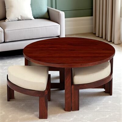 Ikiriya Nashville Sheesham Wood Accent Coffee Table Set with 4 Stools in Honey Finish with Jute White Cushions