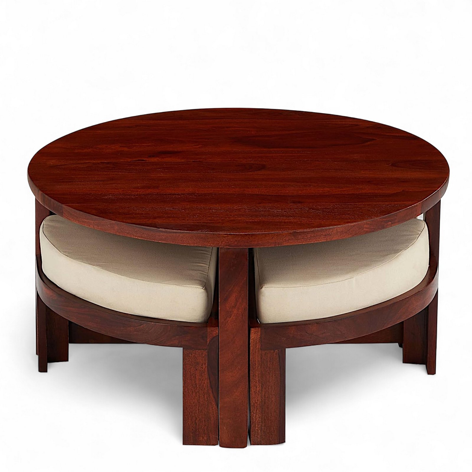 Ikiriya Nashville Sheesham Wood Accent Coffee Table Set with 4 Stools in Honey Finish with Jute White Cushions - Image 2