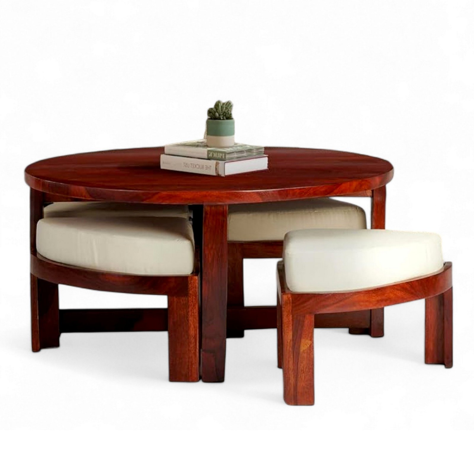 Ikiriya Nashville Sheesham Wood Accent Coffee Table Set with 4 Stools in Honey Finish with Jute White Cushions - Image 7