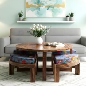 Ikiriya Nashville Sheesham Wood Mid Century Coffee Table Set with 4 Stools in Teak Finish with Grey Brid Print Kantha Cushions