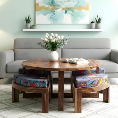 Ikiriya Nashville Sheesham Wood Mid Century Coffee Table Set with 4 Stools in Teak Finish with Grey Brid Print Kantha Cushions