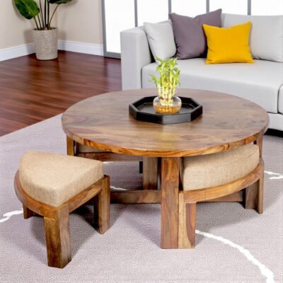 Ikiriya Nashville Sheesham Wood Accent Coffee Table Set with 4 Stools in Teak Finish with Jute Beige Cushions