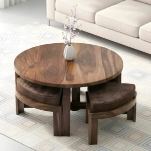 Ikiriya Nashville Sheesham Wood Accent Coffee Table Set with 4 Stools in Teak Finish with Caramel Brown Sparkle Velvet Cushions