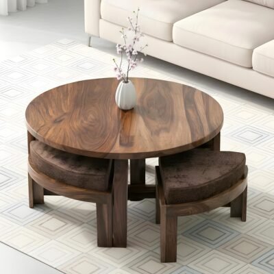 Ikiriya Nashville Sheesham Wood Accent Coffee Table Set with 4 Stools in Teak Finish with Caramel Brown Sparkle Velvet Cushions
