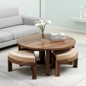Ikiriya Nashville Sheesham Wood Accent Coffee Table Set with 4 Stools in Teak Finish with Beige Sparkle Velvet Cushions