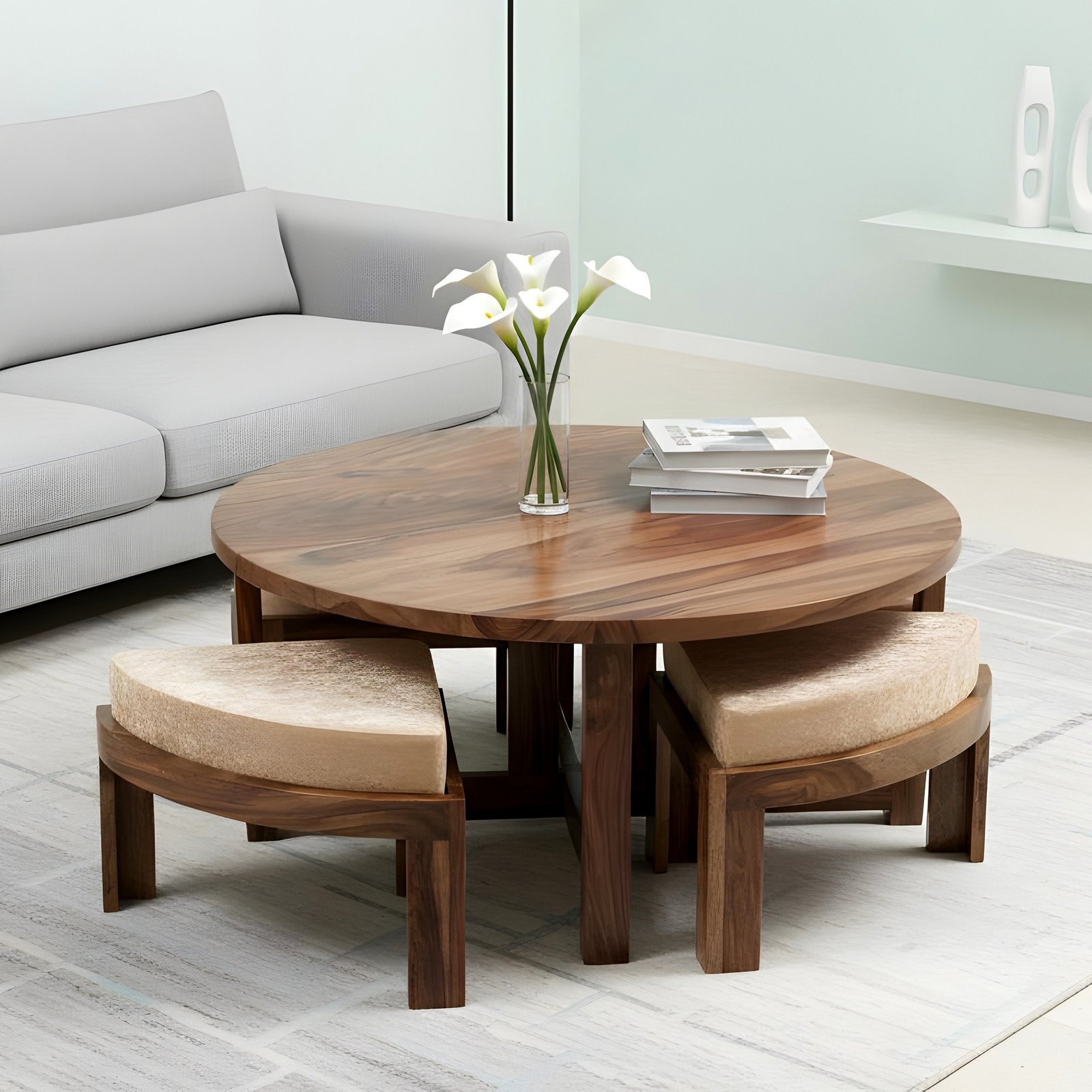 Ikiriya Nashville Sheesham Wood Accent Coffee Table Set with 4 Stools in Teak Finish with Beige Sparkle Velvet Cushions