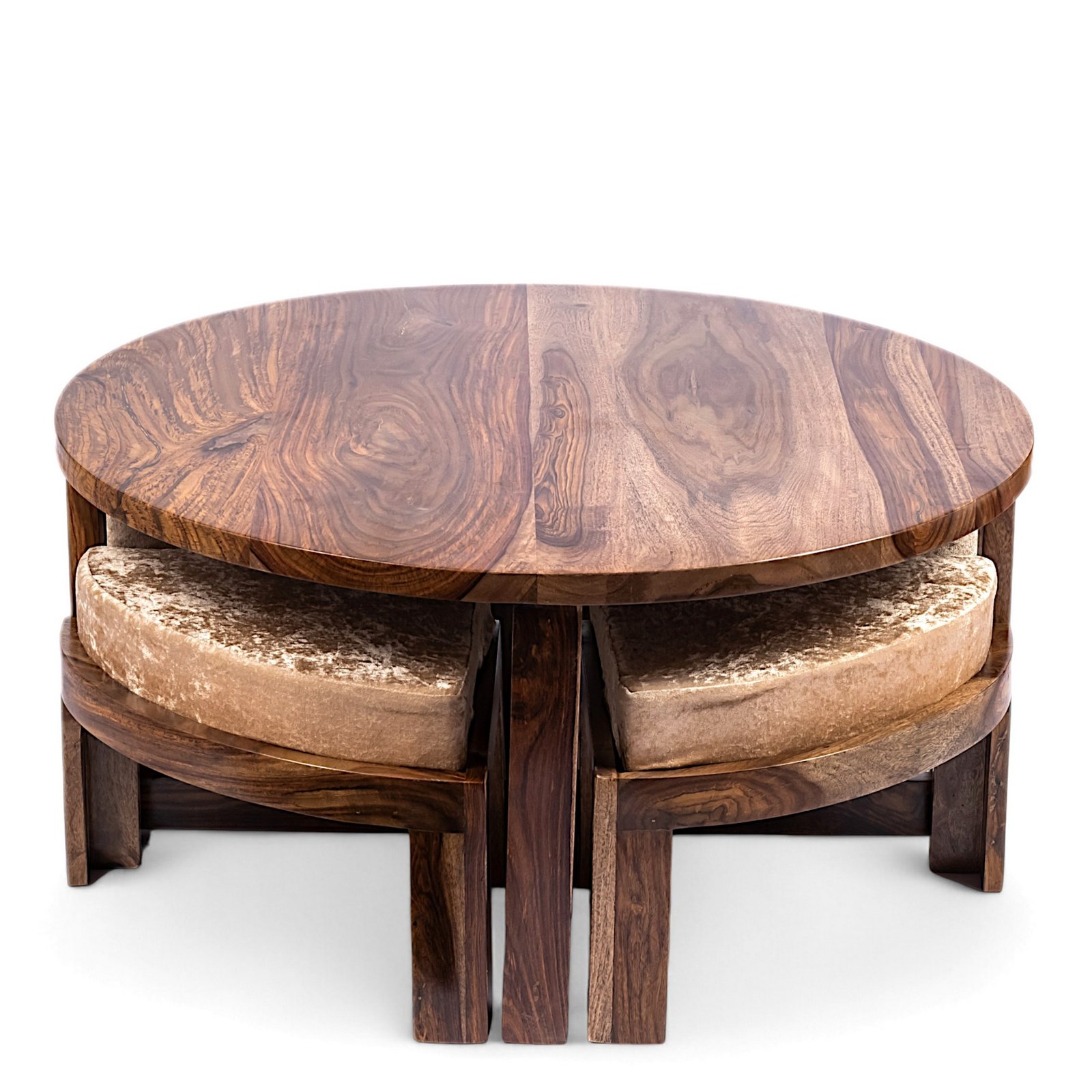 Ikiriya Nashville Sheesham Wood Accent Coffee Table Set with 4 Stools in Teak Finish with Beige Sparkle Velvet Cushions - Image 3