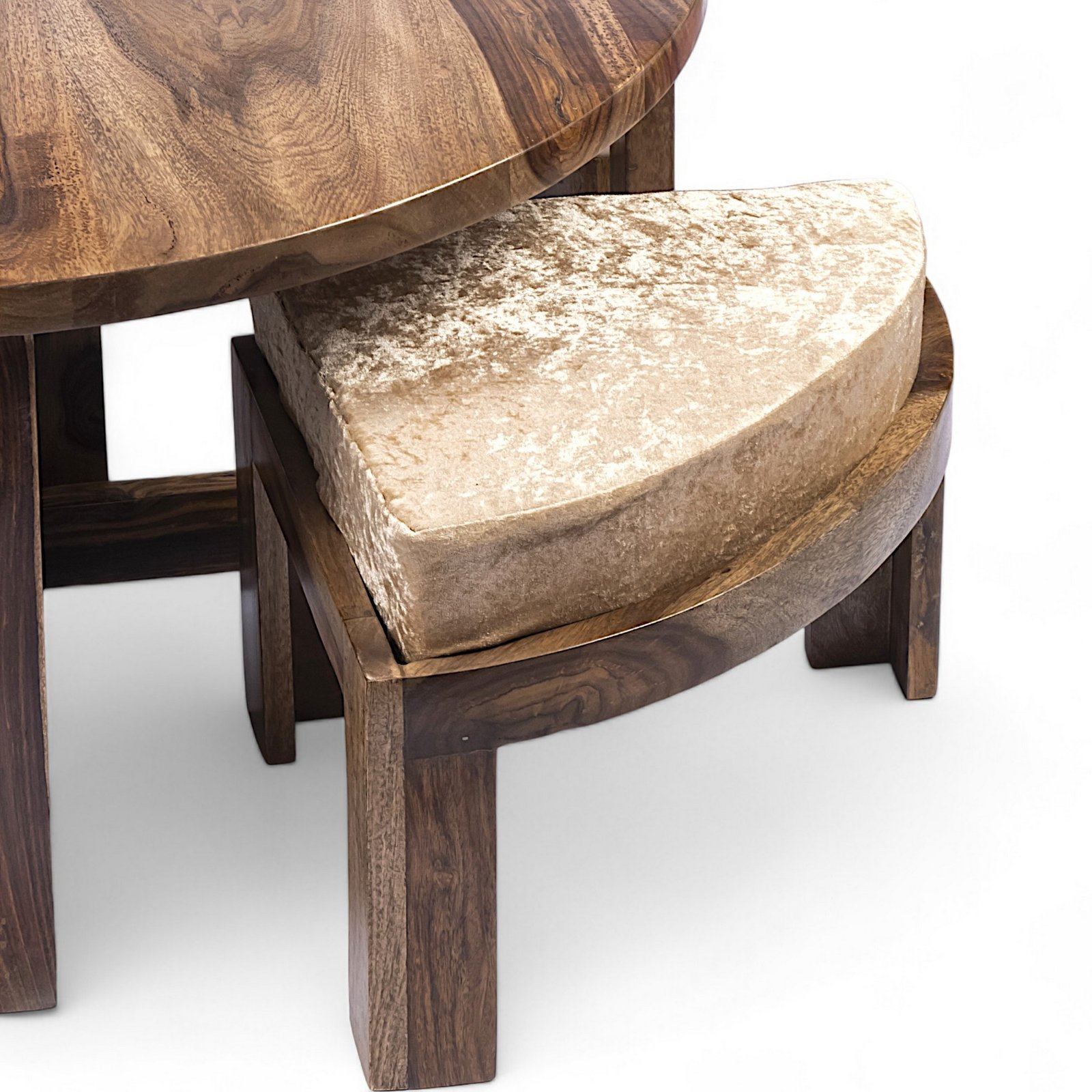 Ikiriya Nashville Sheesham Wood Accent Coffee Table Set with 4 Stools in Teak Finish with Beige Sparkle Velvet Cushions - Image 4