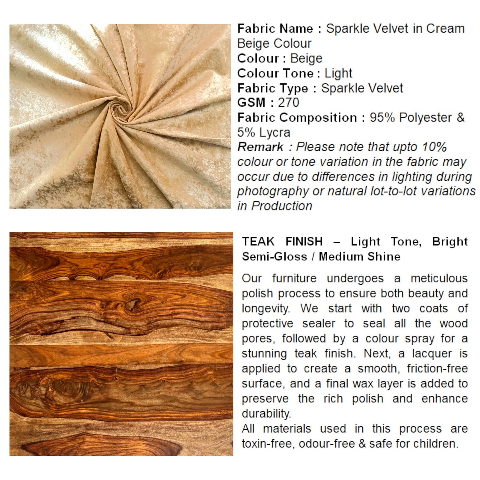 Ikiriya Nashville Sheesham Wood Accent Coffee Table Set with 4 Stools in Teak Finish with Beige Sparkle Velvet Cushions - Image 8