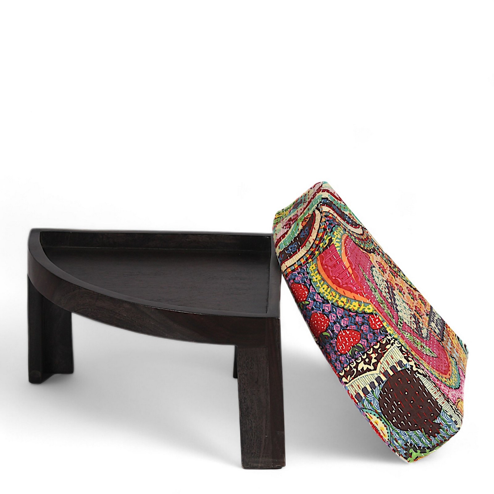 Ikiriya Nashville Sheesham Wood Bohemian Coffee Table Set with 4 Stools in Dark Mahagony Finish with Israel Print Patchwork Kantha Cushions - Image 10
