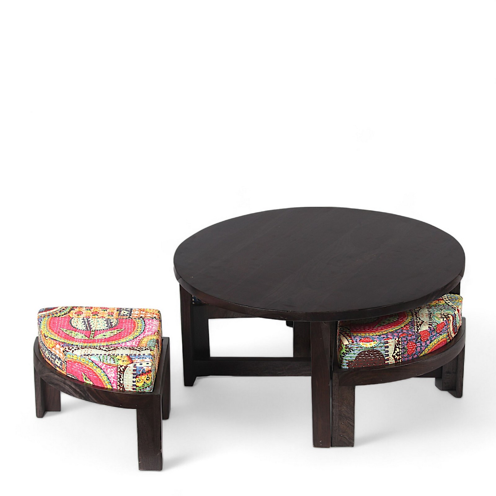 Ikiriya Nashville Sheesham Wood Bohemian Coffee Table Set with 4 Stools in Dark Mahagony Finish with Israel Print Patchwork Kantha Cushions - Image 11