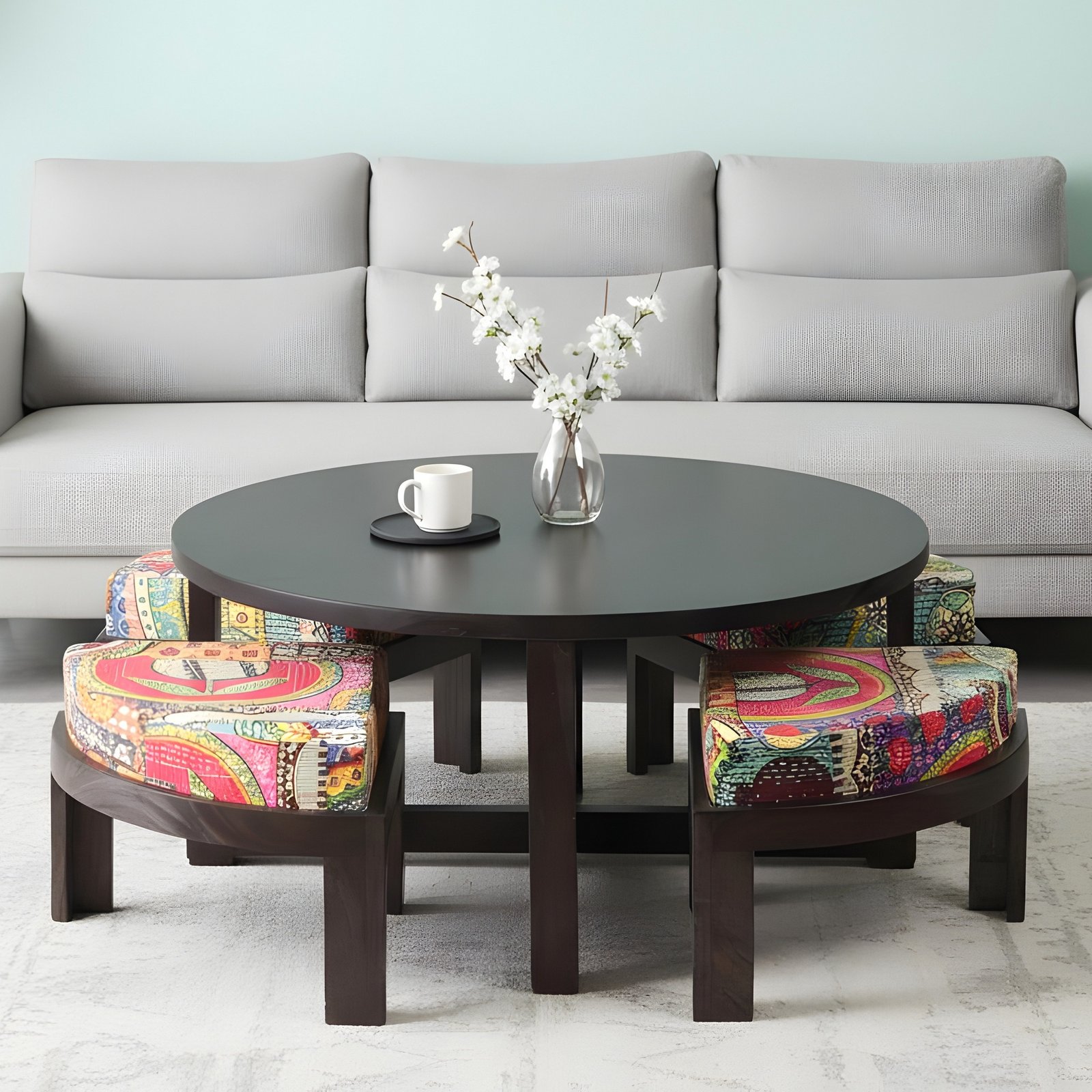 Ikiriya Nashville Sheesham Wood Bohemian Coffee Table Set with 4 Stools in Dark Mahagony Finish with Israel Print Patchwork Kantha Cushions