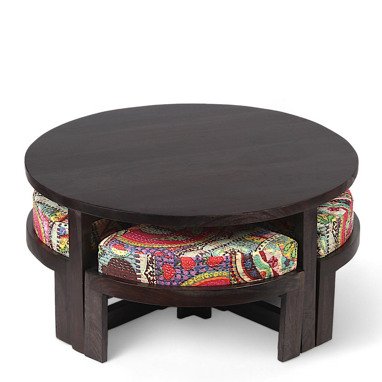 Ikiriya Nashville Sheesham Wood Bohemian Coffee Table Set with 4 Stools in Dark Mahagony Finish with Israel Print Patchwork Kantha Cushions - Image 2