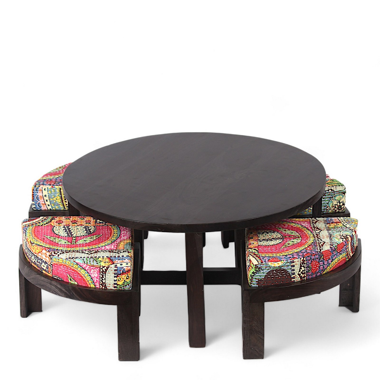 Ikiriya Nashville Sheesham Wood Bohemian Coffee Table Set with 4 Stools in Dark Mahagony Finish with Israel Print Patchwork Kantha Cushions - Image 8