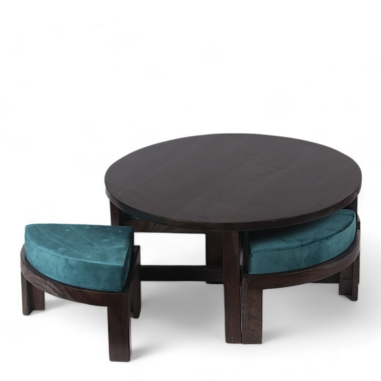Ikiriya Nashville Sheesham Wood Accent Coffee Table Set with 4 Stools in Dark Mahagony Finish with Turquoise Sea Velvet Cushions - Image 11
