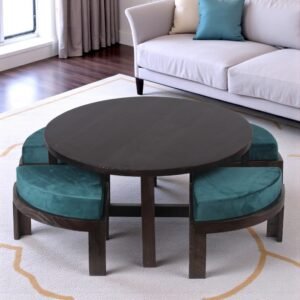 Ikiriya Nashville Sheesham Wood Accent Coffee Table Set with 4 Stools in Dark Mahagony Finish with Turquoise Sea Velvet Cushions