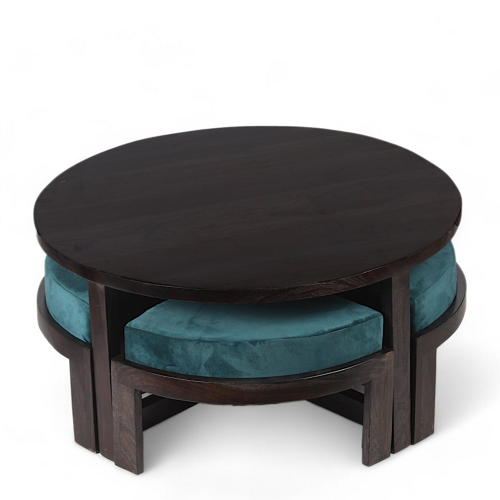 Ikiriya Nashville Sheesham Wood Accent Coffee Table Set with 4 Stools in Dark Mahagony Finish with Turquoise Sea Velvet Cushions - Image 2