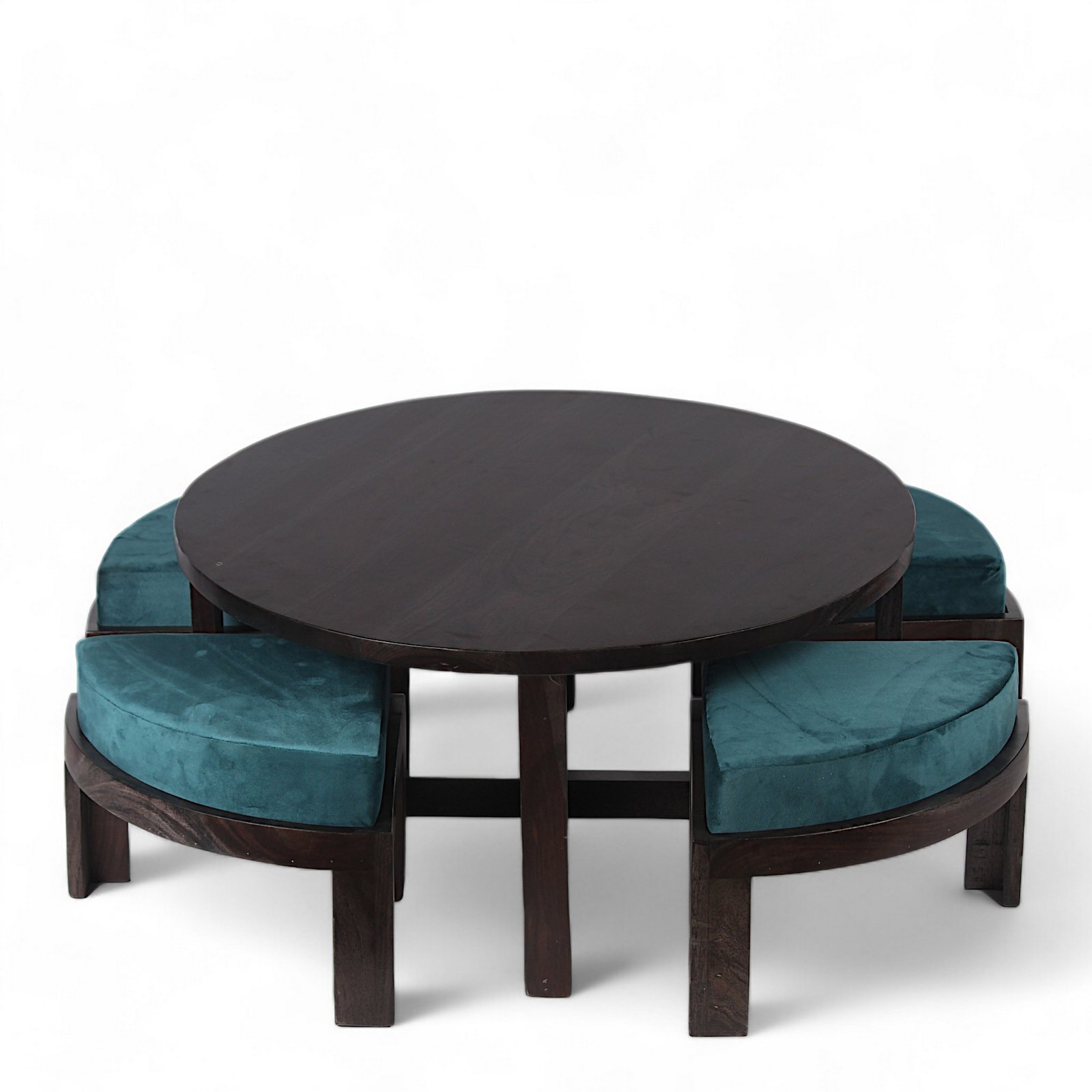 Ikiriya Nashville Sheesham Wood Accent Coffee Table Set with 4 Stools in Dark Mahagony Finish with Turquoise Sea Velvet Cushions - Image 6
