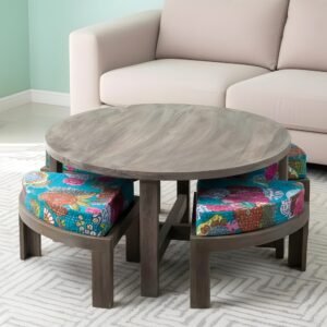 Ikiriya Nashville Sheesham Wood Country Side Coffee Table Set with 4 Stools in Antique Grey Finish with Sea Green Fruit Print Kantha Cushions