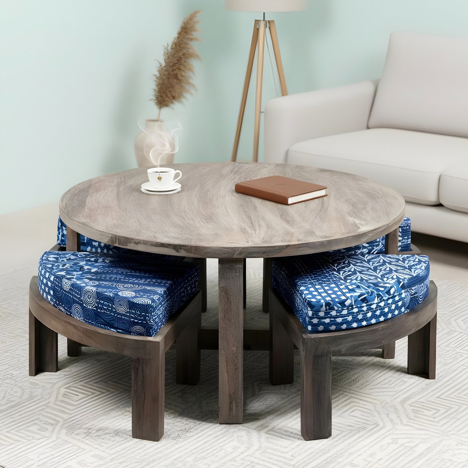 Ikiriya Nashville Sheesham Wood Country Side Coffee Table Set with 4 Stools in Antique Grey Finish with indigo Patchwork Kantha Cushions