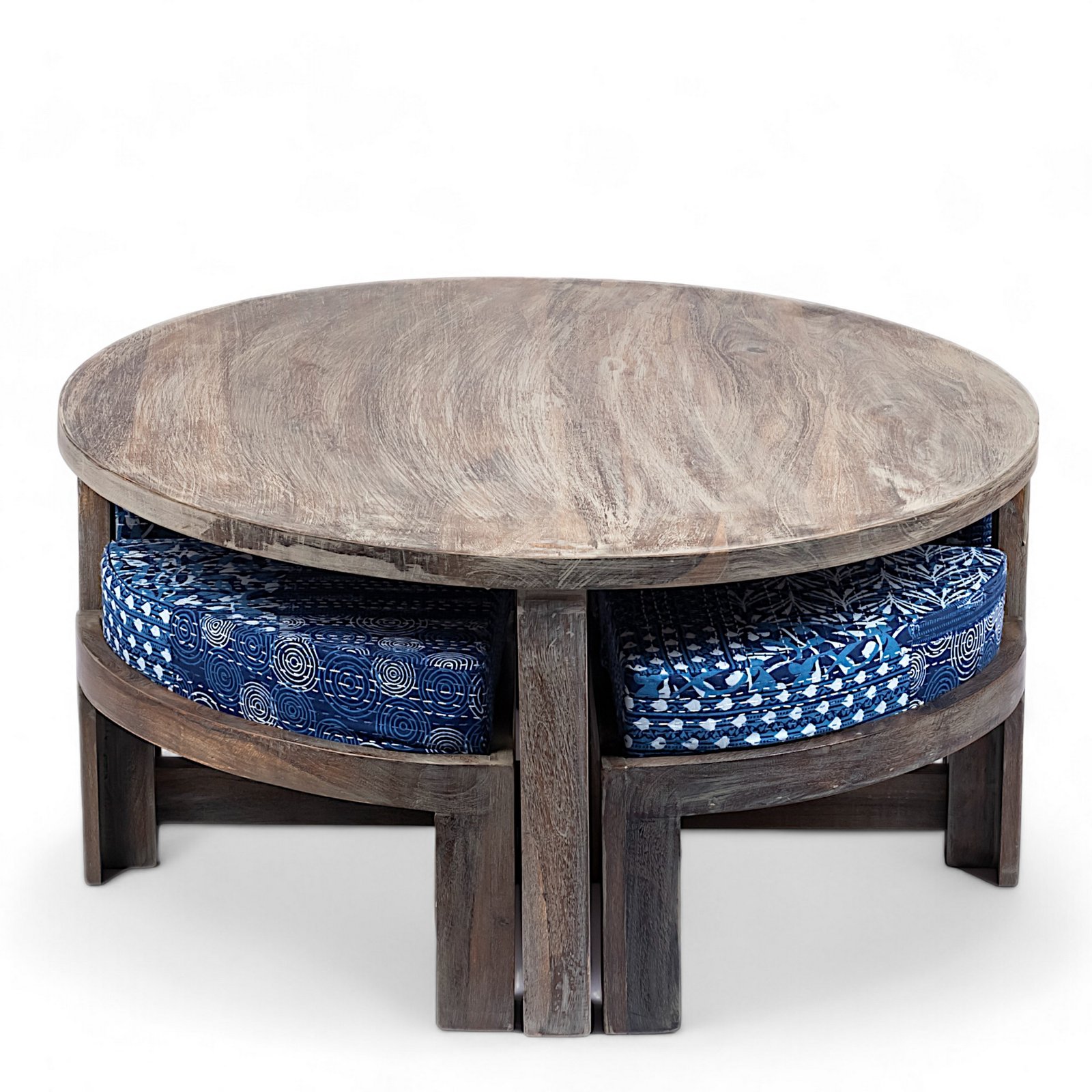 Ikiriya Nashville Sheesham Wood Country Side Coffee Table Set with 4 Stools in Antique Grey Finish with indigo Patchwork Kantha Cushions - Image 2