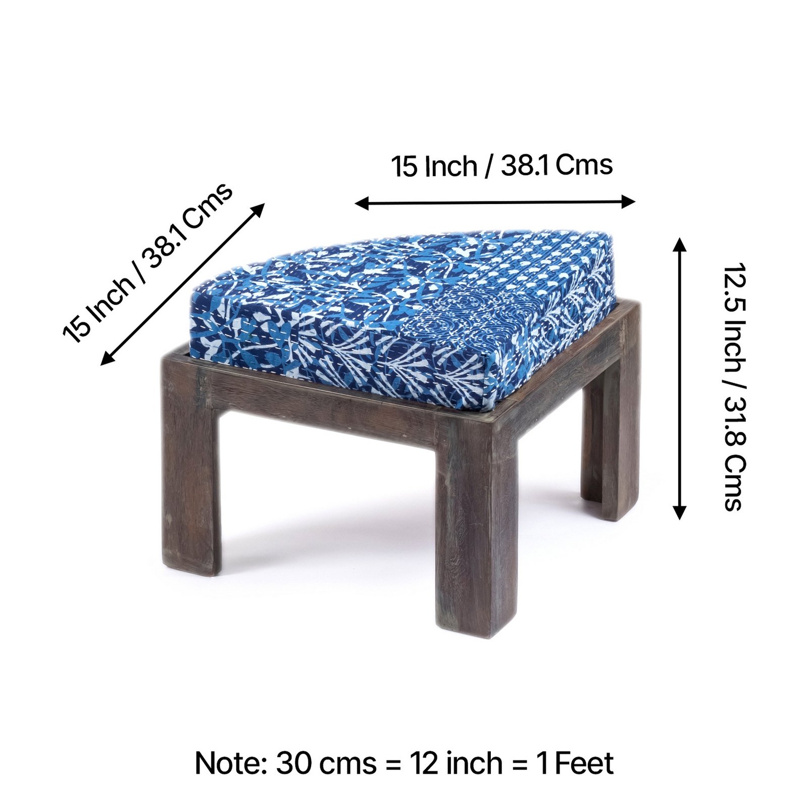 Ikiriya Nashville Sheesham Wood Country Side Coffee Table Set with 4 Stools in Antique Grey Finish with indigo Patchwork Kantha Cushions - Image 5