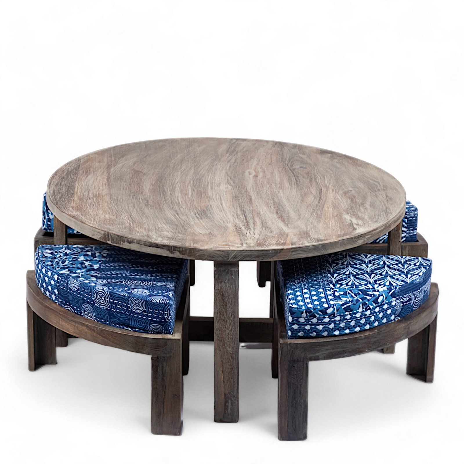 Ikiriya Nashville Sheesham Wood Country Side Coffee Table Set with 4 Stools in Antique Grey Finish with indigo Patchwork Kantha Cushions - Image 9