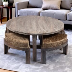 Ikiriya Nashville Sheesham Wood Country Side Coffee Table Set with 4 Stools in Antique Grey Finish with Green Sparkle Velvet Cushions